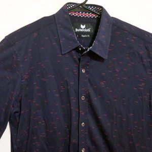 ButterCloth Shirt Mens Large Long Sleeve Button Navy Blue Red Lines Flip Cuff